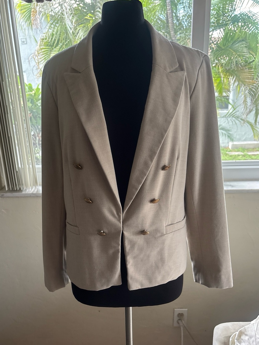 House of Harlow 1960 Textured Basketweave Double Breasted Blazer Gold Buttons L